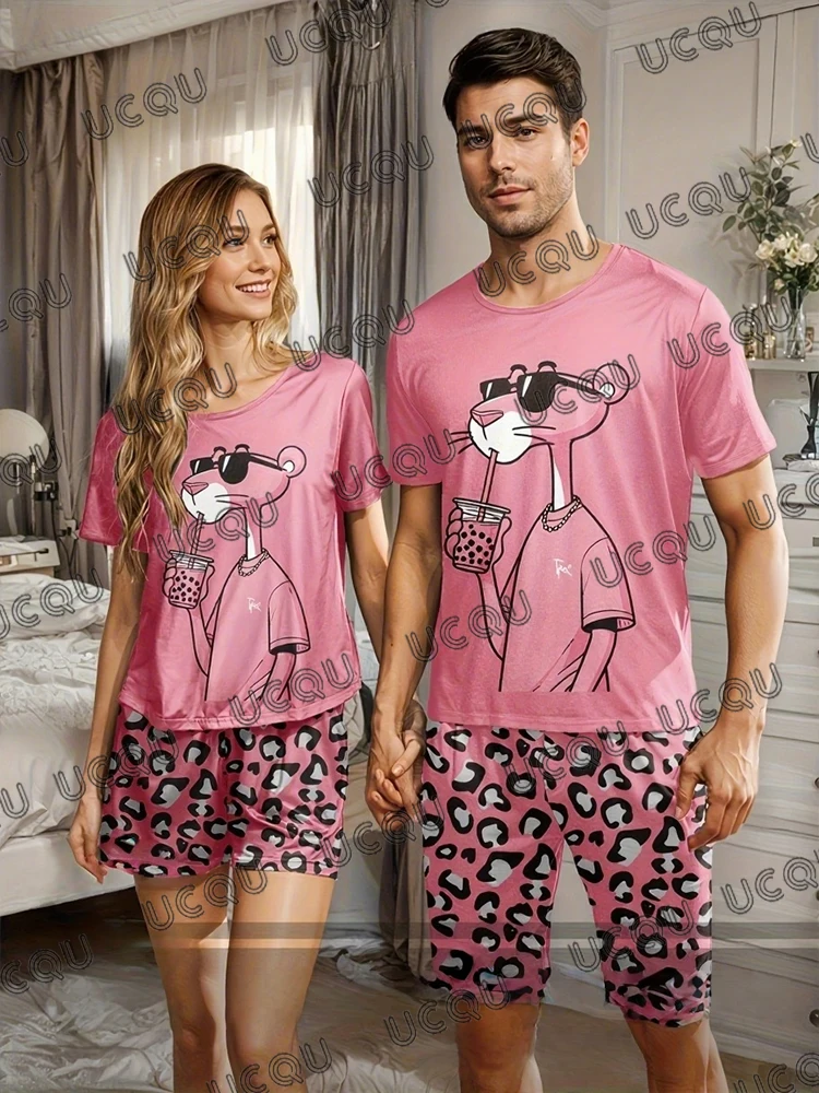 

2026 Summer Men's Tracksuit Cartoon Pink Panther Print Short Sleeve Tshirt+Shorts Sets Casual Home Suit Couple 2 Piece Outfits