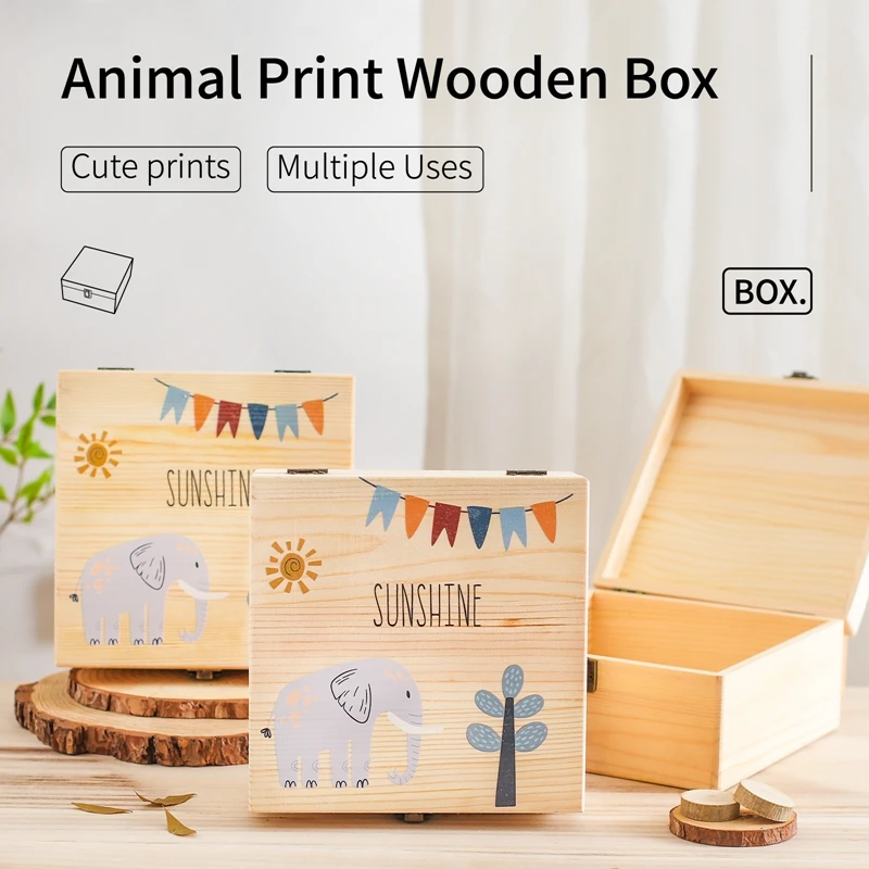 Custom Wooden Baby Box Cute Animal Print Wood Box Newborn Baby Gift Personalised Infant Memory Box Montessori Education Toy Gift