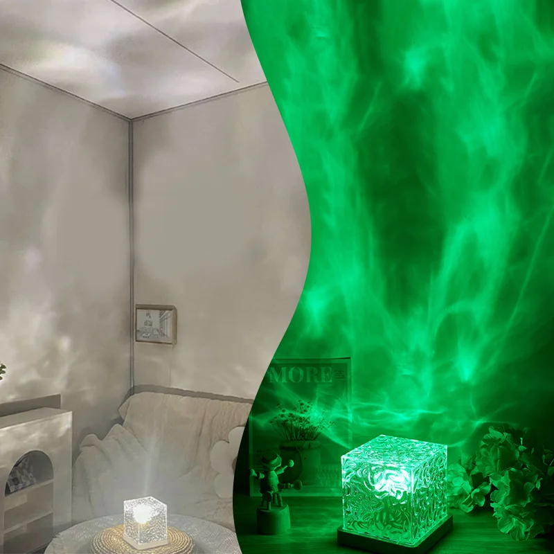 Dinâmico Rotating Water Ripple Night Light, Square Starry Sky Projection Light, Flame Atmosphere Light para sala de estar e quarto