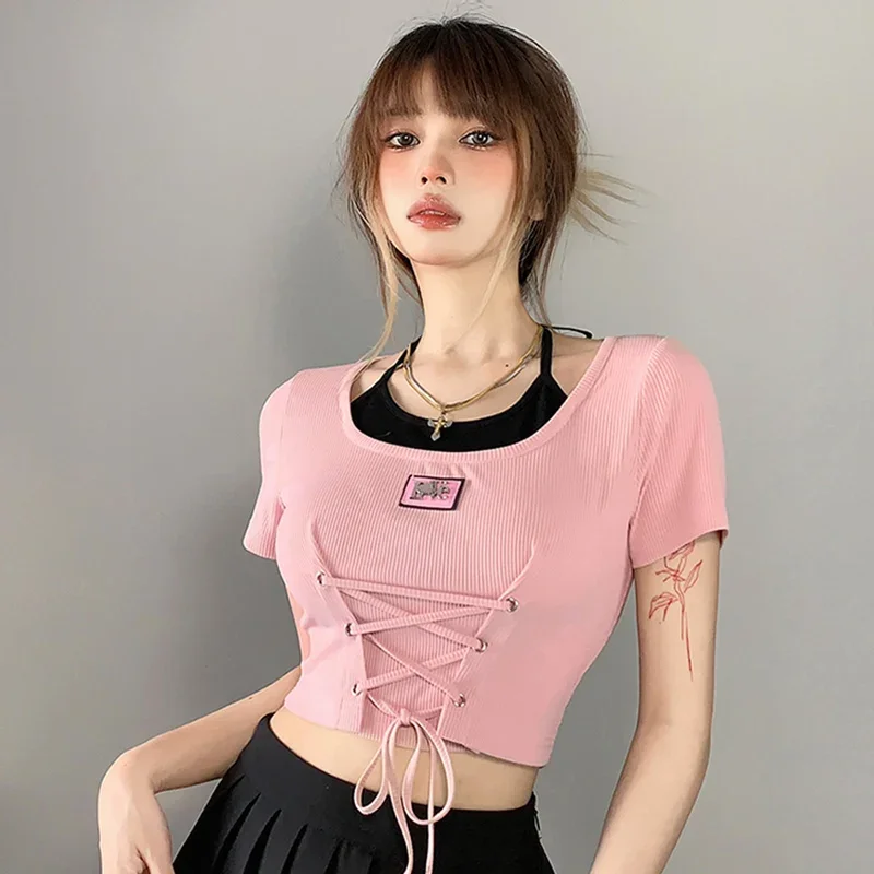 2024 Nuove Donne Sexy Halter Slip Crop Vestiti Della Signora Dolce Y2k T-shirt a maniche corte Femminile Tie Up Aderente Designer Estate Magliette e camicette