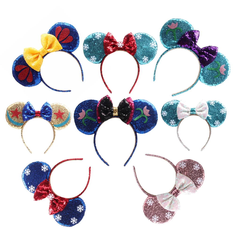 Disney Mickey Mouse Ear Headbands Frozen Elsa Anna Bow Sequins Headband For Women Girls Hairband Hair Hoop Hair Accessories