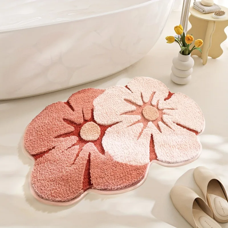 Two Color Flower Pattern Floor Mat,Imitation Cashmere Household Soft and Comfortable Bathroom Anti Slip Rug,Entrance Decoration