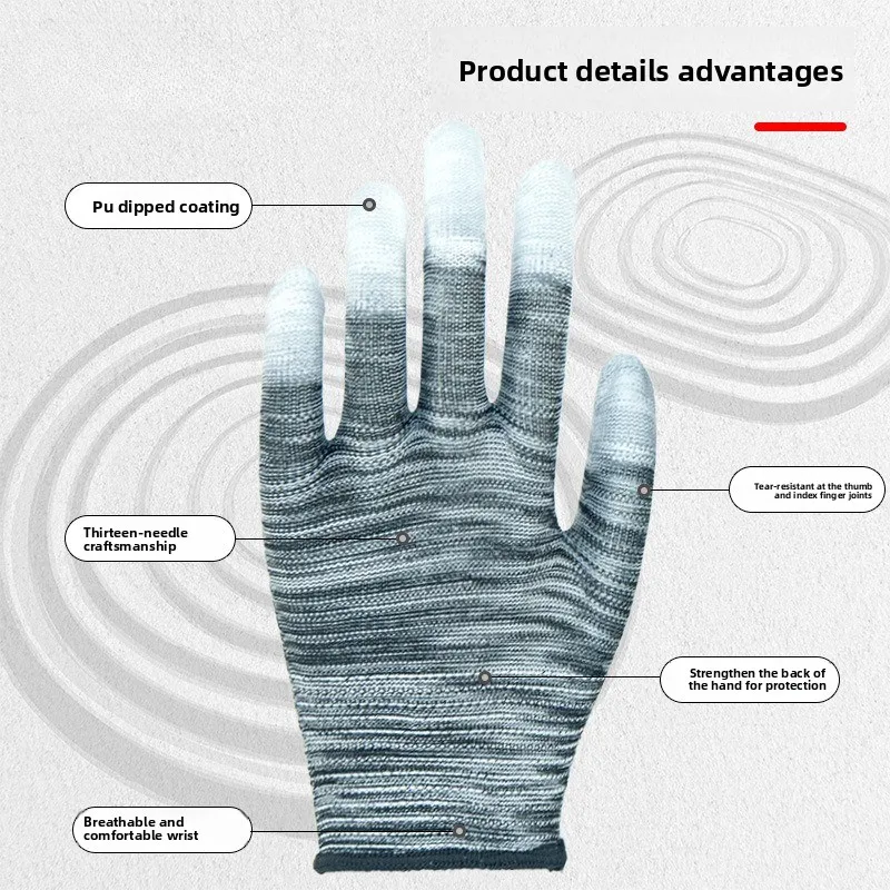 قفازات أصابع مطلية باللون الأسود - مخططة من البولي يوريثان، نايلون - ملولبة، مقاومة للاهتراء، للعمل والعمل، قابلة للتنفس، مناسبة