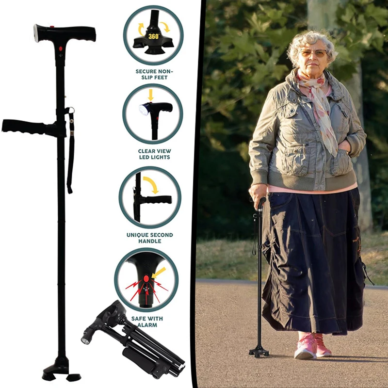 Elderly People Folding Walking Stick Height Adjustable Alarm Cane Outdoor Sports Hiking Walking Lightweight Crutches