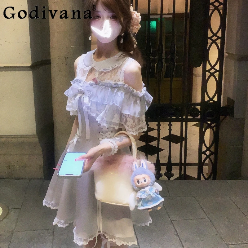 

Gentle Clear Summer Japanese Style Dress Women's Doll Collar Sweet Cute Blue Dress Female Spring Lace Bow Lolita Dress