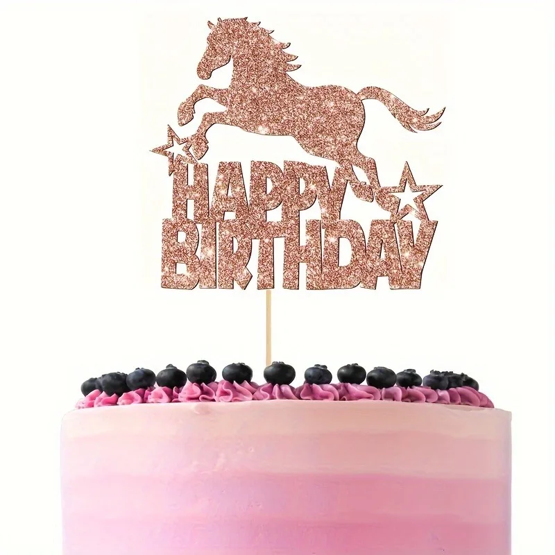 Roségoldenes Pferd „Happy Birthday“-Kuchenaufsatz – glitzernde roségoldene Pferdekoration für die Geburtstagsfeier, Reitsport-Thema – Detail 4
