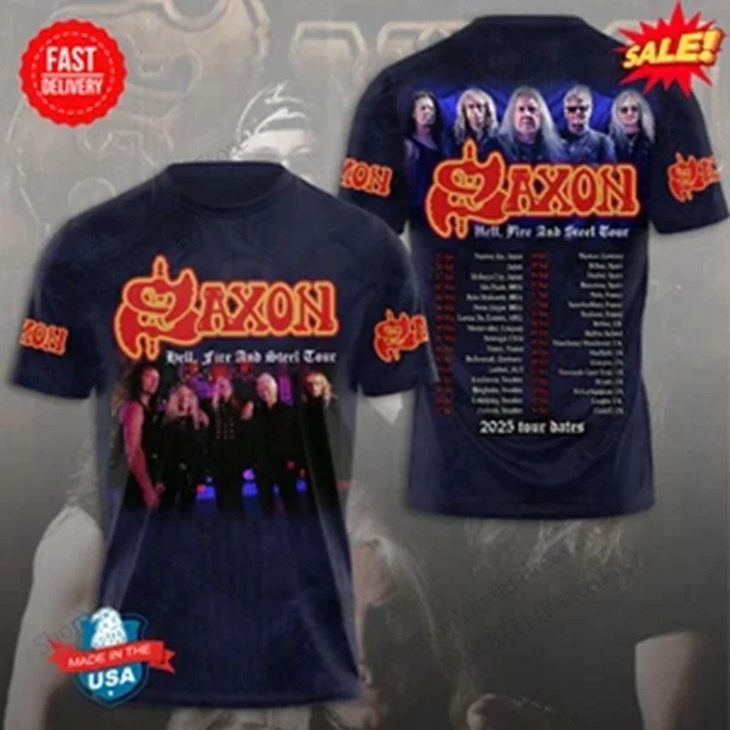 تي شيرت Rock Saxon Band ثلاثي الأبعاد مطبوع، قمصان رجالية بأكمام قصيرة، قمصان هيب هوب كبيرة الحجم، قمصان معدنية للرجال
