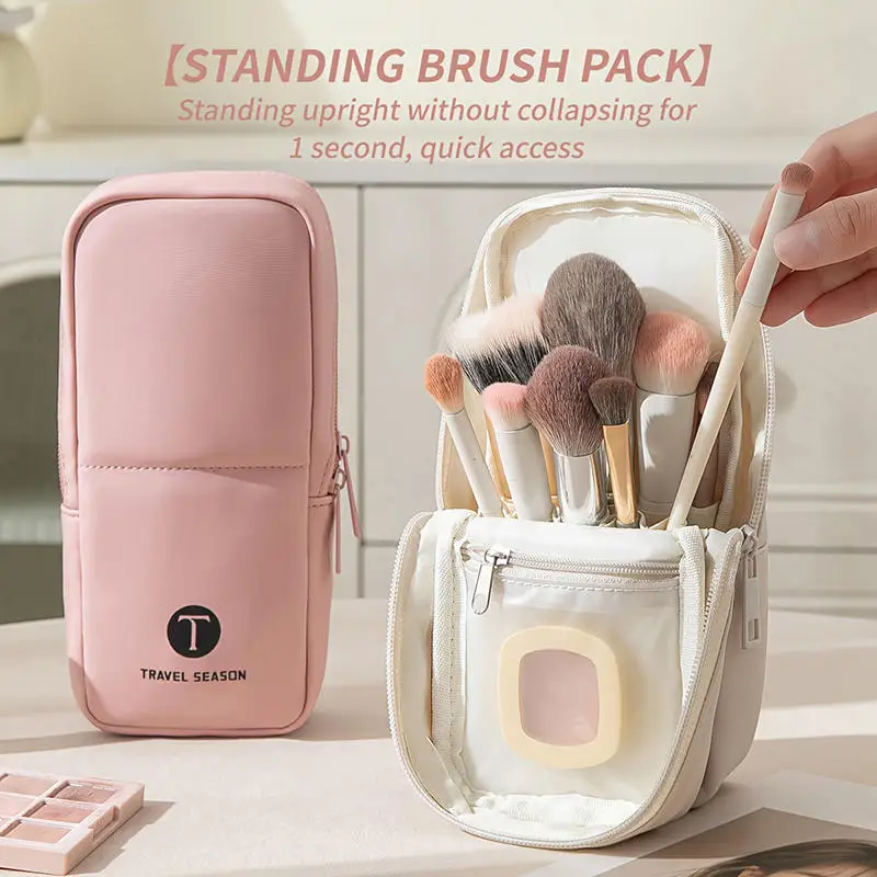 Waterproof Twill Leather Makeup Brush Bag Freestanding Cosmetic Organizer with Double Zipper Portable Comestic Tools Storage Bag