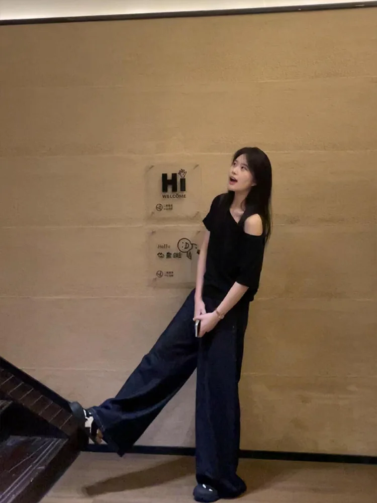 

Темно-синие джинсовые джинсы в стиле ретро, женские летние тонкие прямые свободные широкие брюки длиной до пола, драпировка, удобная посадка