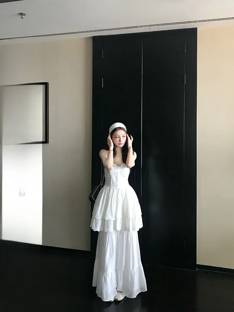 

Skk Store Summer Women's Lace Splicing Silk Le Dr Casual Sle A-Line Skirt V-Neline Svel Gown