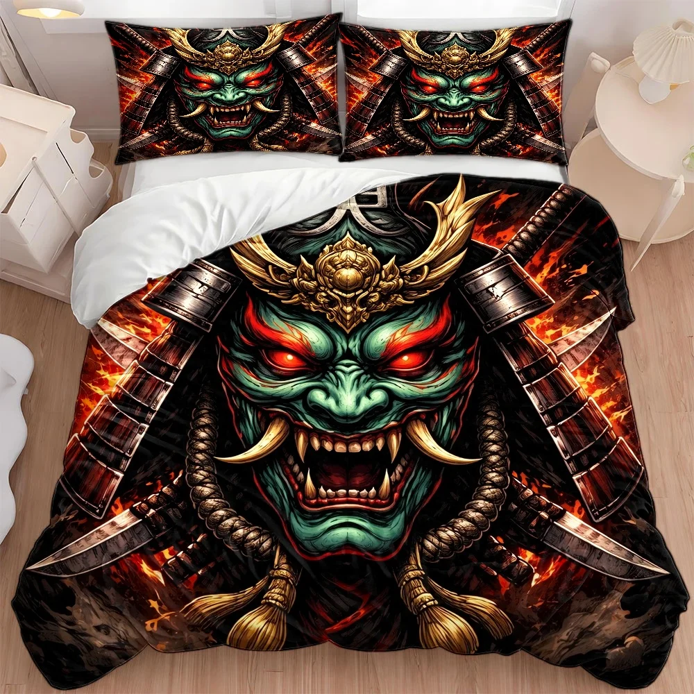 3Pc Japanese-Style Demon Warrior Print Duvet Cover Set, Three-Piece Bedding Set (1 Duvet Cover + 2 Pillowcases), Suitable for All Seasons, Machine Washable, Invisible Zipper Double Bed Cover, Suitable for Home, Dormitory, Master Bedroom, Guest Room, Large Trendy Anime-Style Bedding Set, Personalized Warrior-Style Bedding Set, Durable and Skin-Friendly Bedroom Bed Cover Set, Hot-Selling Creative Bedding Set with 2D Flat Print