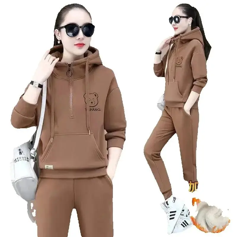 Womens Two Peice Set Women's Suit Fleece Thickened Sweater 2025 Winter Warm Printed Mother Outfit Thin Loose Crop Tops and Pants