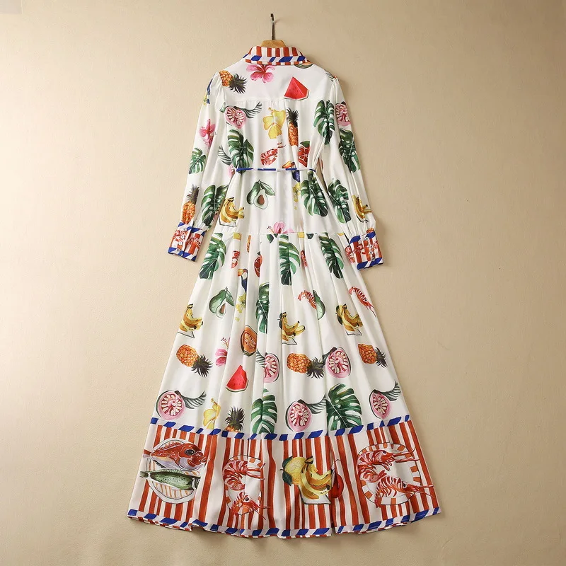 European and American women's clothes 2023 summer new Long-sleeved lapels fashion Striped Fruit Print Dress