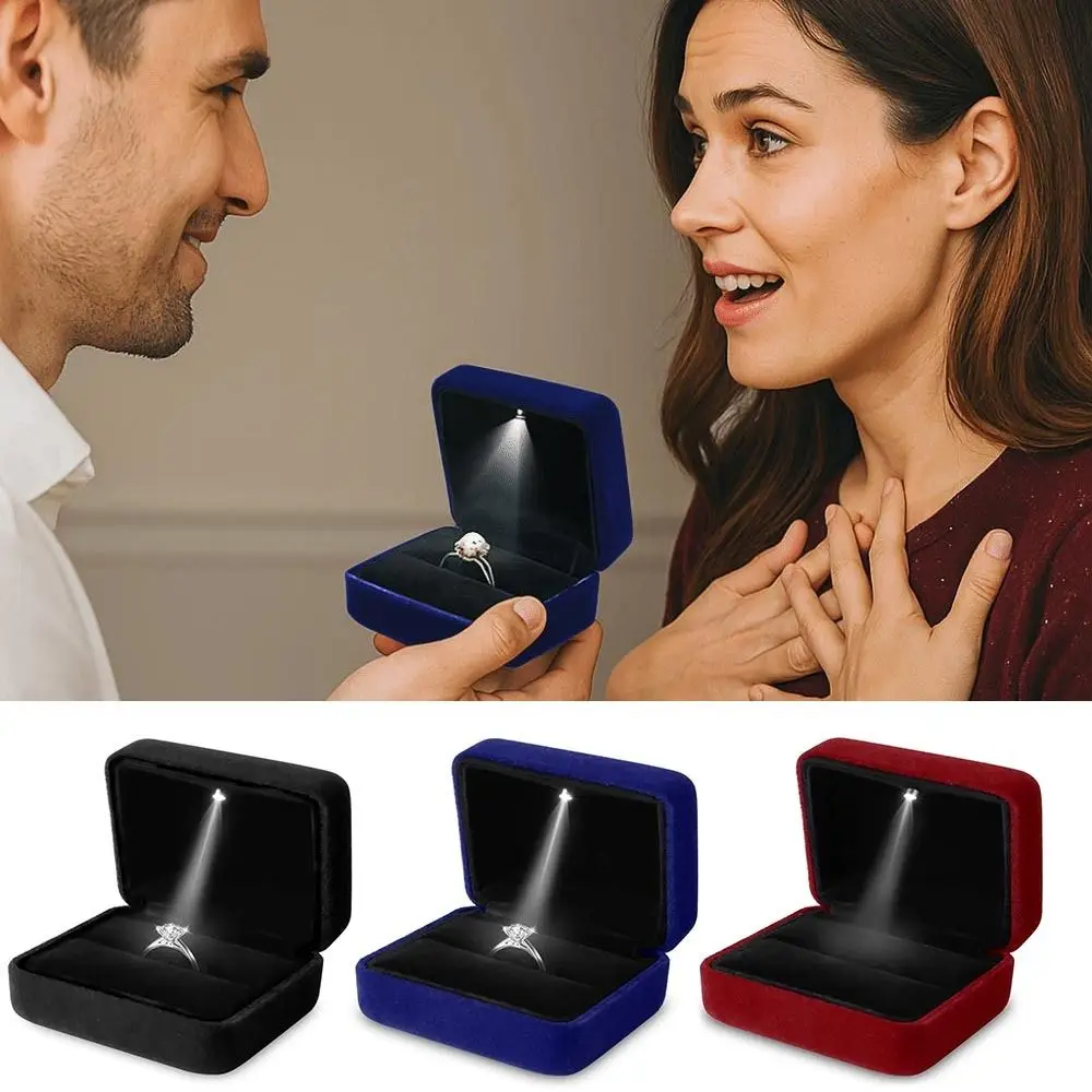 Zart mit LED-Licht, LED-Lichtring-Box, quadratisch, einfarbig, Ehering-Box, Samt, Geschenkverpackung, Box für Ohrringe