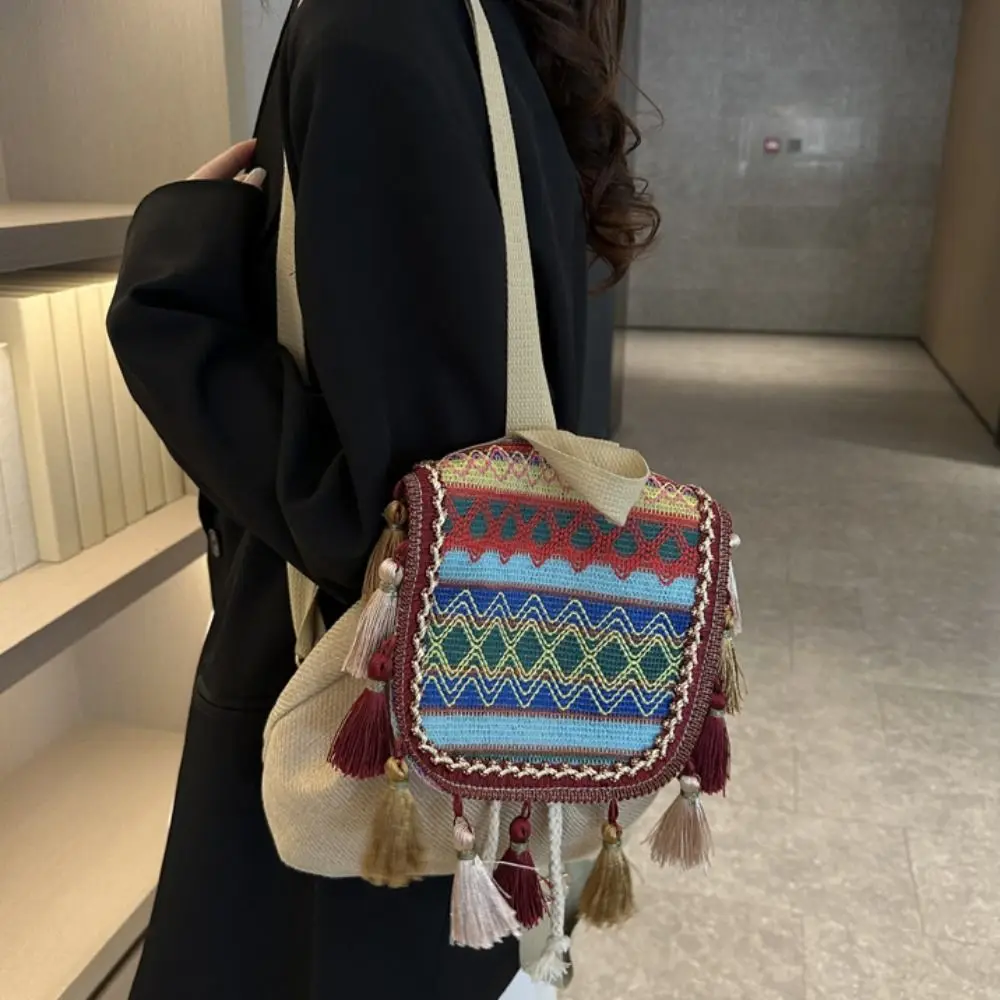 Рюкзак с кисточками в этническом стиле, маленькая школьная сумка, большая вместительная сумка на плечо с кисточками, школьная сумка в корейском стиле с холщовой вышивкой