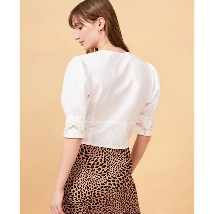 レトロな純綿レーストリムトップ、透かしデザイン、夏の新作、レディース通勤用スリムフィットトップス