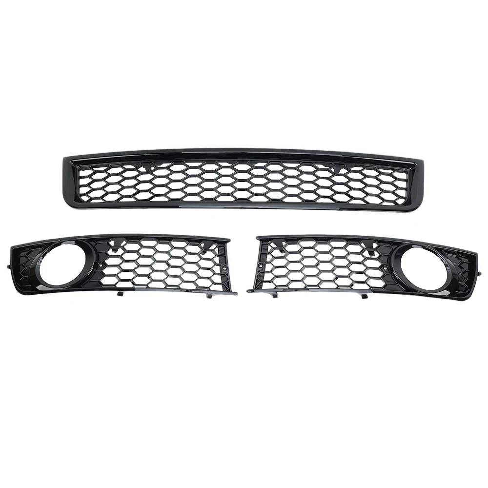 3 قطعة المصد الأمامي السفلي شواء + شبكة مصابيح الضباب لأودي A4 B6 2001-2005 ABS لمعان أسود استبدال أجزاء شبكة العسل #2