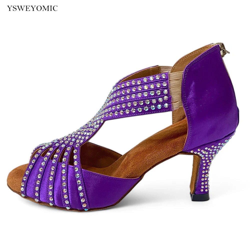 Purple Dance Shoes 2024 Customized Latin Salsa Indoor Dance Shoes Ballroom Crystal Dance Shoes 6cm 7cm 8cm Heels