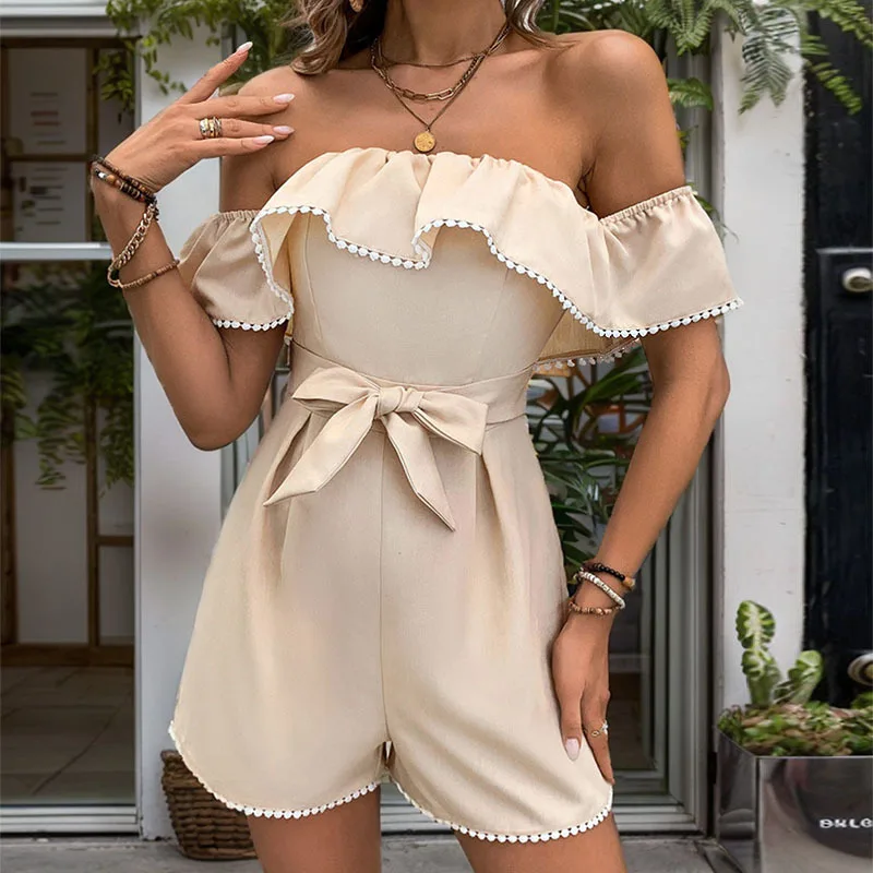 Sexy Off Shoulder Lace One Line Collar Jumpsuit For Women Fashion Solid Ruffled Lace Up Short Jumpsuit Summer Lady New Commuting