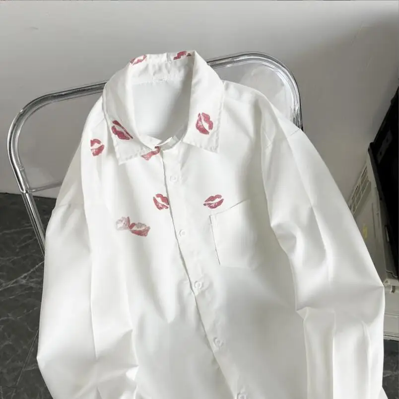 

Lipstick Printing Heart Button White Long Sleeve Shirt Women's 2024 Spring Korean Casual Versatile Loose Blouse Top p1220