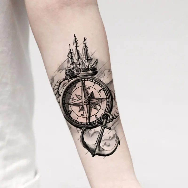 Lasting Compass Anchor Fake Tattoo for Woman Man Arm Art Tattoo Sticker Punk Temporary Tattoos Waterproof Tatuajes Temporales