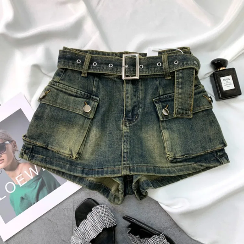 

2025 Fashion Simply Solid Color Belt Waist Shorts for Women Summer New Casual High Waist Mini Shorts Skirts Female Midi Skirt