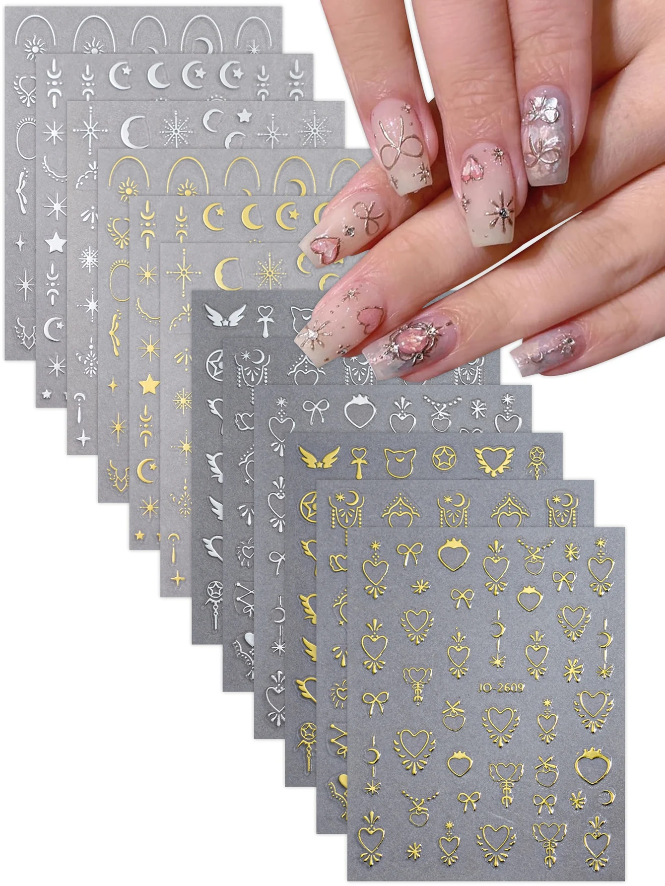 6/12 Blatt Gold-Silber-Nagelkunstaufkleber, süßes Herz, Stern, Engel und Mond-Designs, selbstklebende DIY-Abziehbilder für Nageldekoration