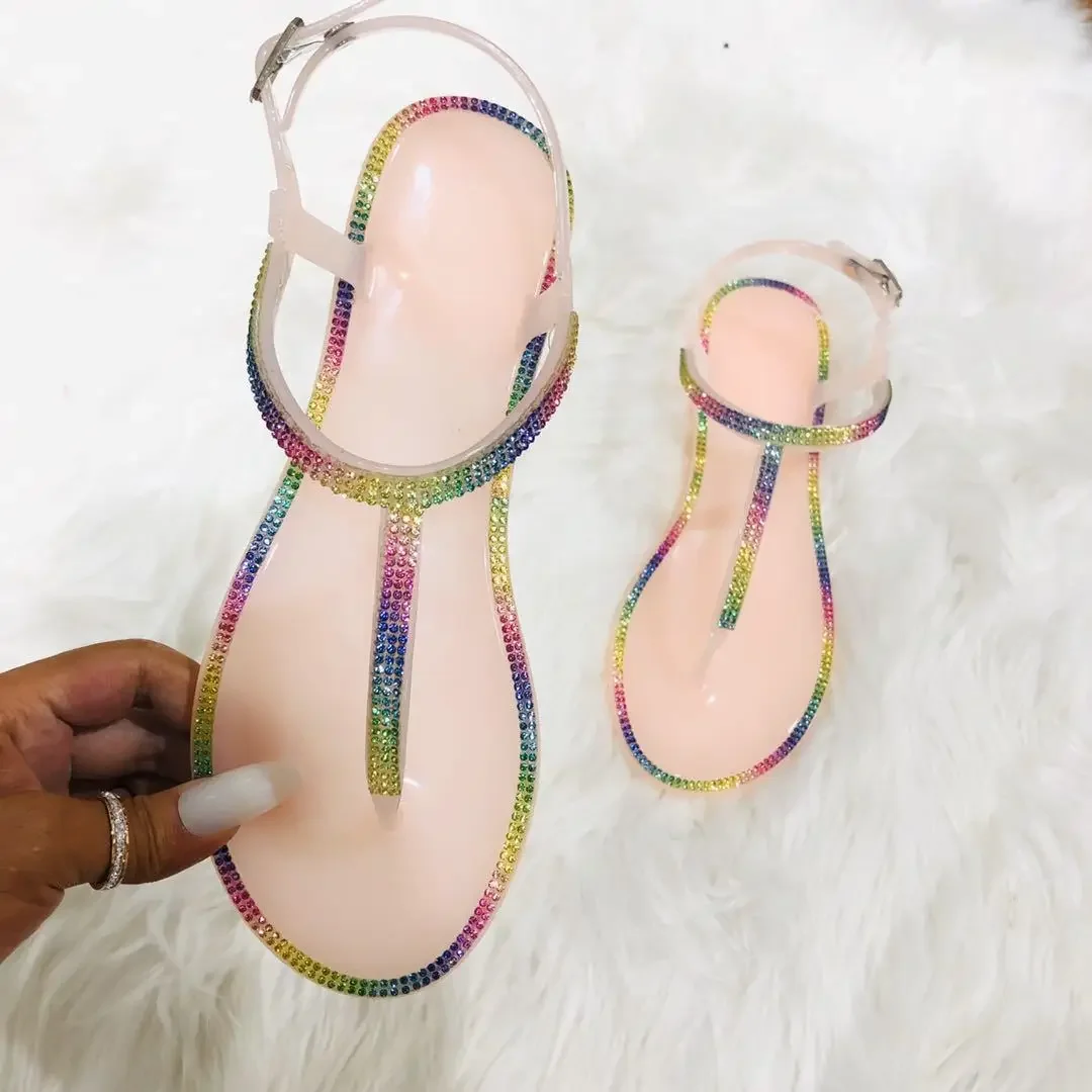 women's sandals 2024  summer wear new casual diamond-encrusted colored diamond belt women's shoes crystal beach women's shoes