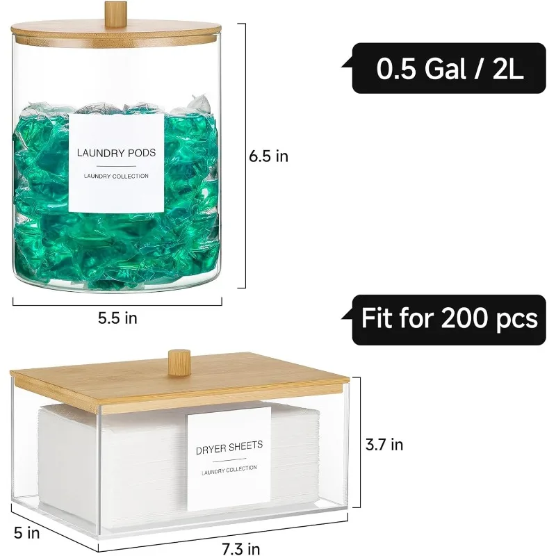 Стеклянные банки и держатель для акриловых простыней, контейнер для стручков для белья с бамбуковой крышкой и 27 этикеток