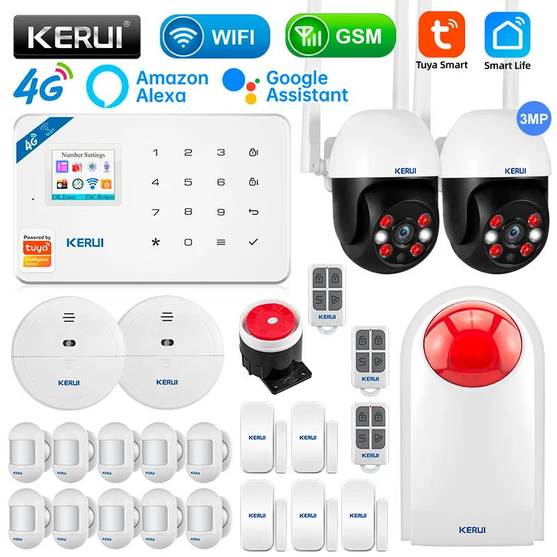 KERUI W184 Tuya Smart 4G Alarm System Wireless WIFI GSM Alarm Motion Detector Door Sensor Burglar Support Alexa&Google