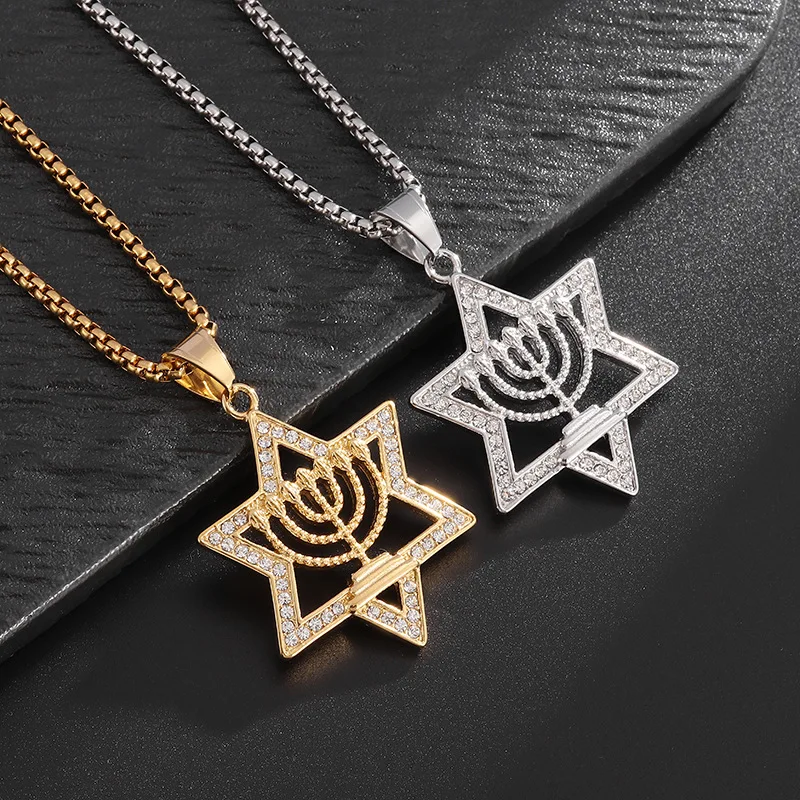 

Hip Hop Jewelry Star of David Necklace Men's 18k Gold Plated Zircon Stainless Steel Pendant Necklace