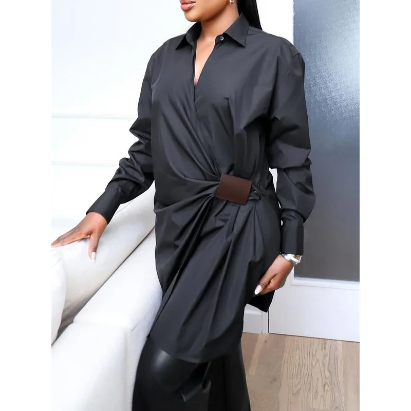 

Women's Temperament Commuting Style Dress 2025 Autum New Arrival Asymmetrical Pleated Short Shirt Dress Black