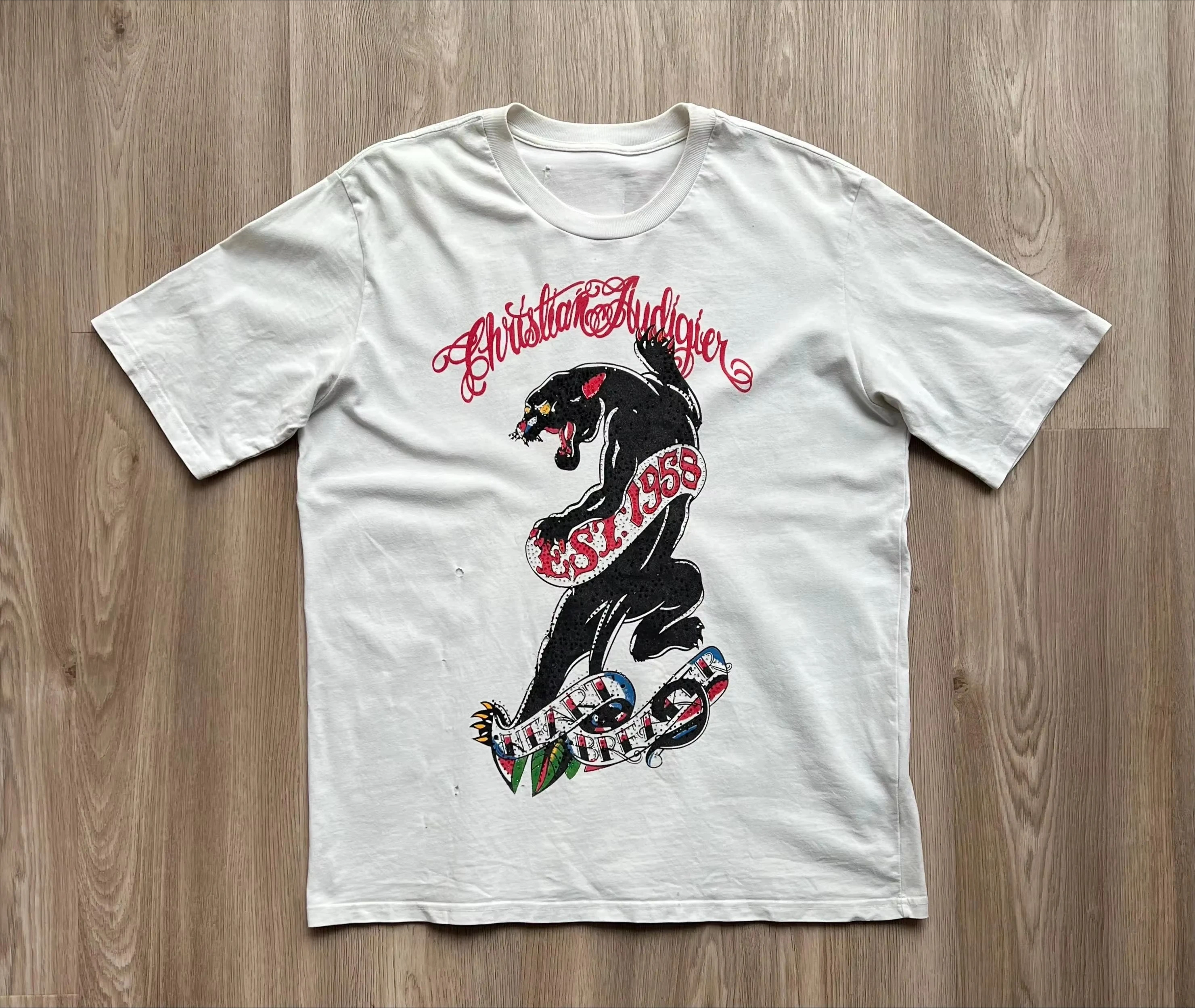 Family Matching T‑Shirt Old School Tattoo Style Black Panther Ribbon Print Parent‑Child Loose Casual Streetwear Cotton Tee Tops