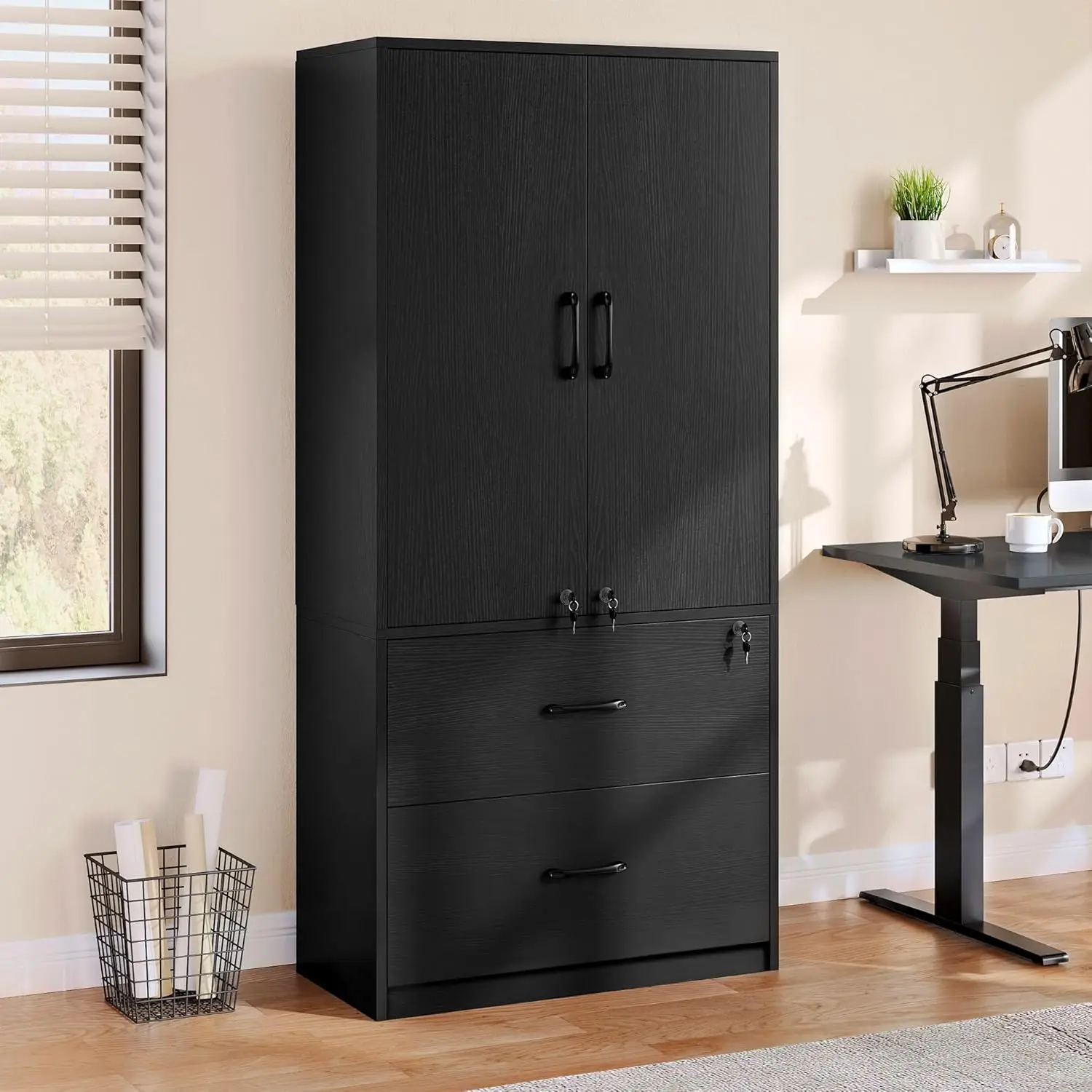 Wood File Cabinets, Heavy Duty Garage Tool Cabinets with Doors & Adjustable Shelves, Big Storage Filing Lockers, Black