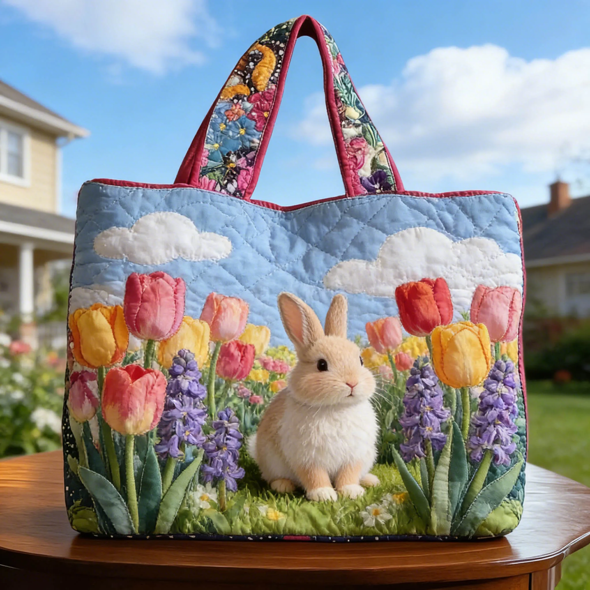 

Милая стеганая сумка-тоут с принтом кроликов и тюльпанов, весенняя, в пасторальном стиле, женская/мужская сумка через плечо для поездок на работу, путешествий и шопинга