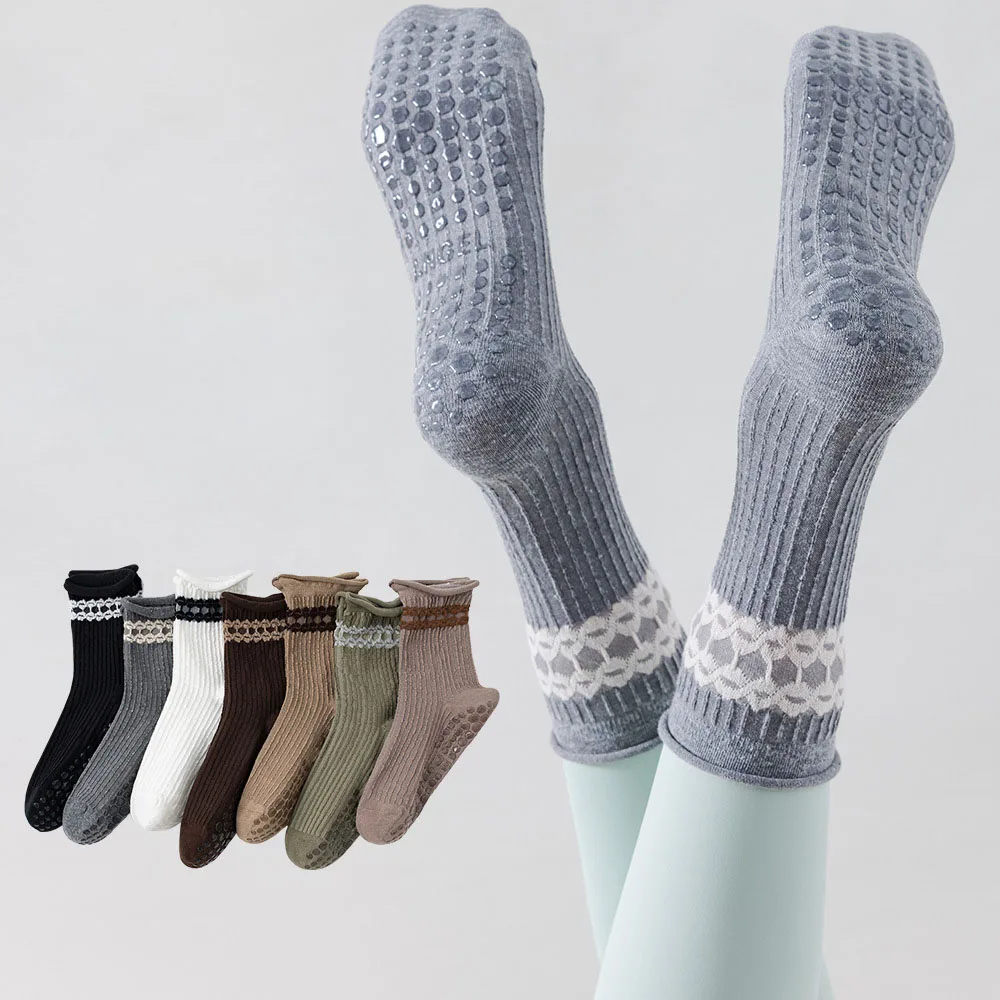 Yoga Socks Women Cotton Roll-edge Dot Silicone Non-slip Pilates Grip Crew Socks
