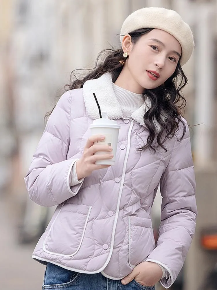 

Светло-фиолетовая женская короткая куртка с белым пухом, зимняя верхняя одежда, модная, приталенная, тонкая, для повседневной носки