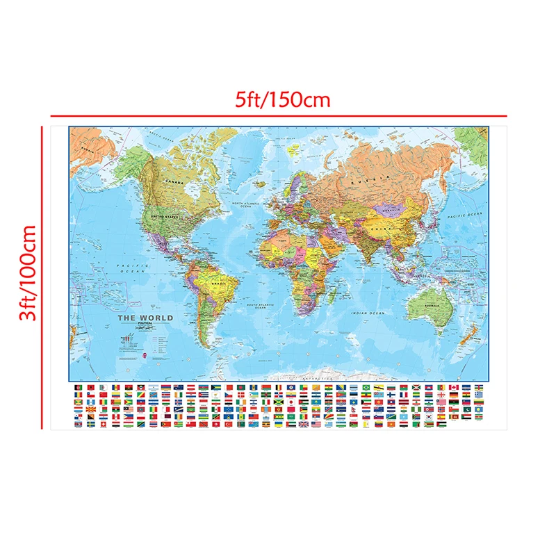 The World Map English With Country Flag Painting Wall Art Poster Office Home Hanging Decoration School Travel Supplies 150x100cm