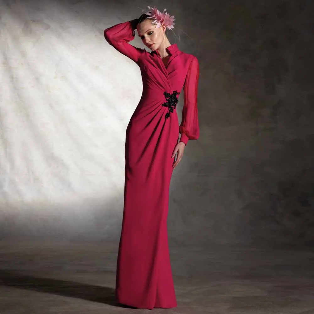 

Red Wedding Guest Dress Long Sleeves V Neck Trumpet/Mermaid Formal Dresses for Women Applique Buttons Elegant Evening Gowns 2024