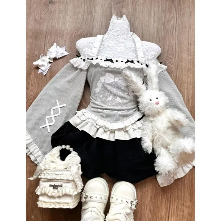 Sweet Cute Off Shoulder Long Sleeve Tops Women+ Y2k High Waist Pumpkin Skirts Shorts 2024 Early Autumn New Two Piece Sets