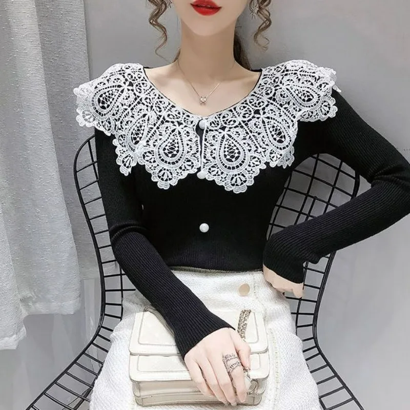 Autumn and Winter Women Stylish Sweet Chic Lace Collar Basic Knitted Sweater Korean Elegant Long Sleeve Solid Slim Pullover Tops