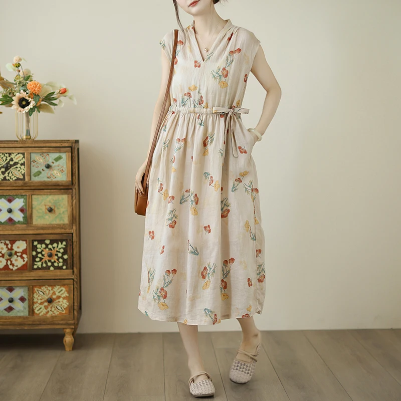 Robe longue en coton et lin pour femmes, imprimé Floral rétro, élégante, ample, décontractée, style Boho, plage, nouvelle collection été