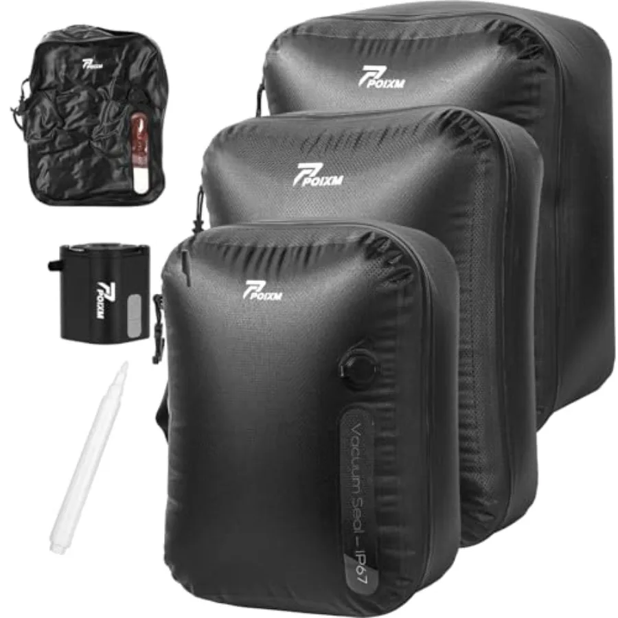 

Вакуумные пакеты для путешествий с беспроводным насосом 180 ° Многоразовые компрессионные пакеты для рюкзаков с застежкой-молнией, водонепроницаемые IP67, экономящие место