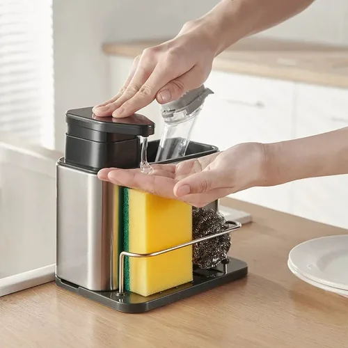 Imagen 2 del producto Dispensador de jabón de cocina 3 en 1, soporte para cubiertos de acero inoxidable, almacenamiento de cucharas, organizador de cocina, escurridor, estante de secado de platos