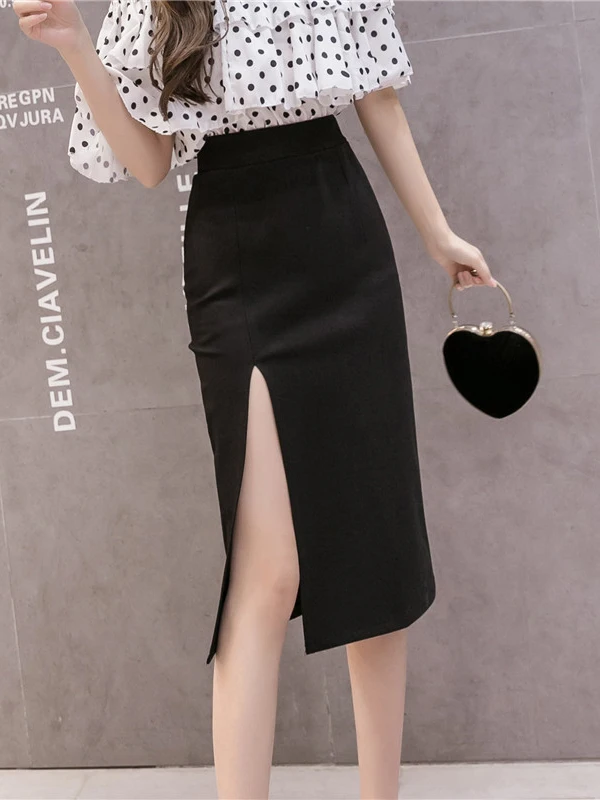 Summer High Waist Slit Midi Skirt Women's Business Commute Slimming Professional Skirt Casual High Waist Zipper Style