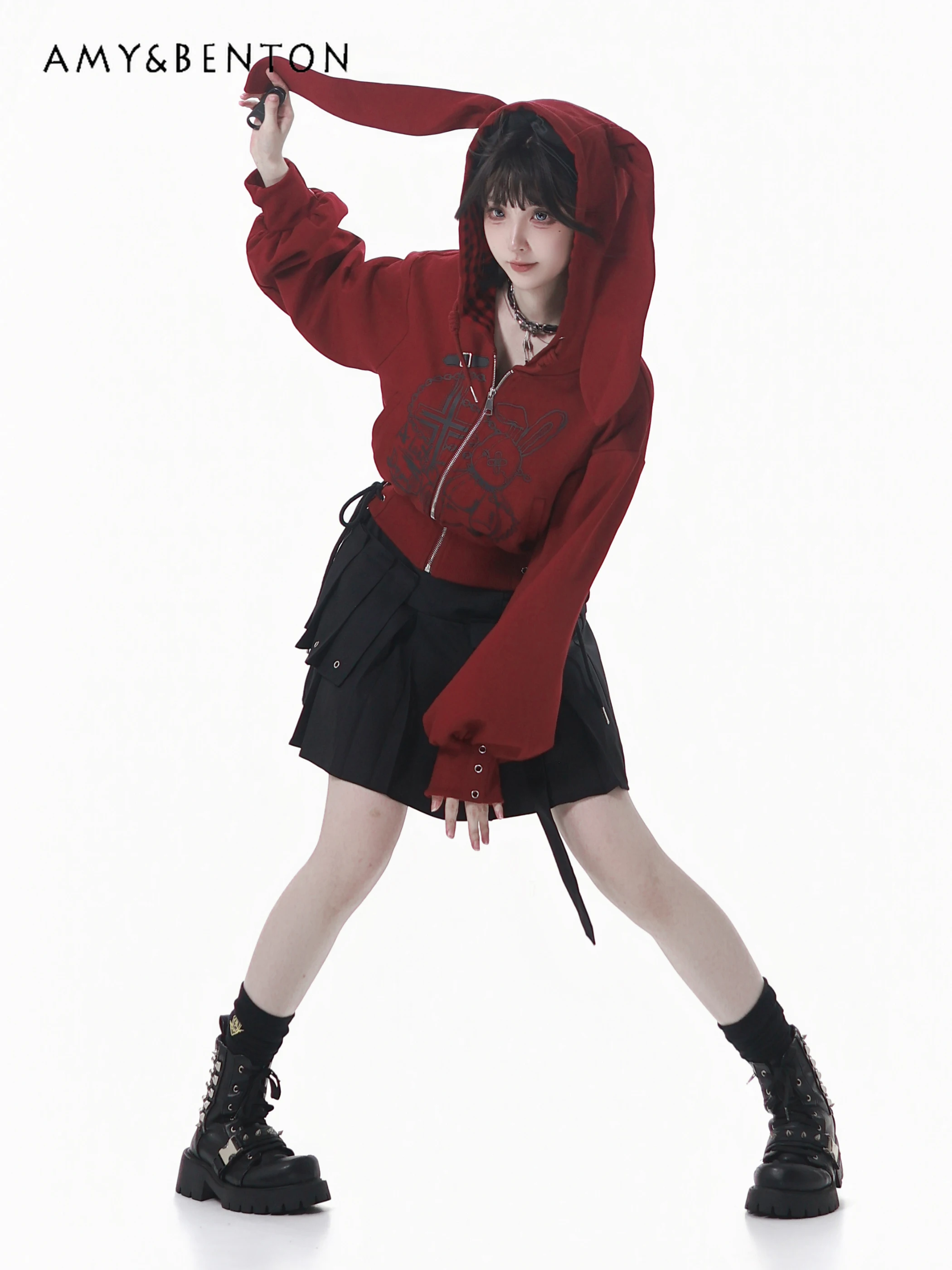 Pinksavior Original doux mignon imprimé lapin oreille Zip veste à capuche plissée jupe irrégulière automne hiver Harajuku Style tenues