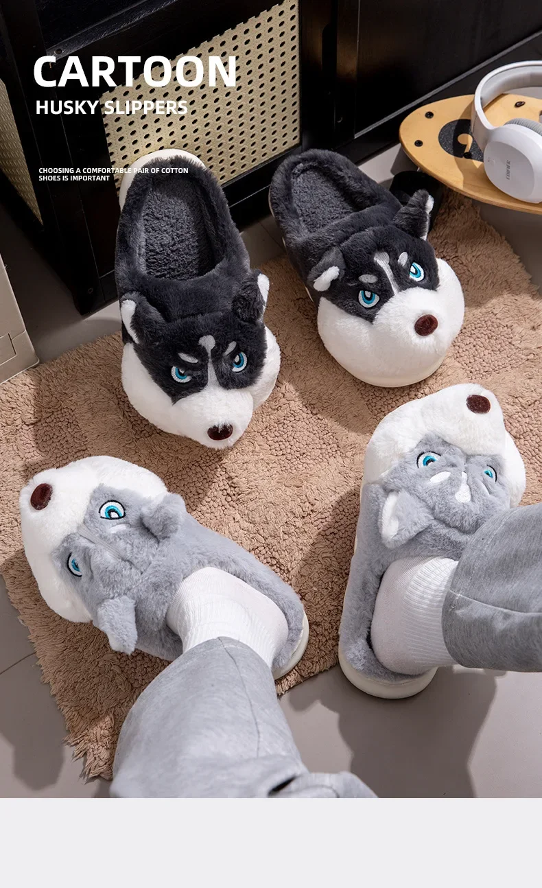 ZUOFU Niedliche Husky-Hund-Plüsch-Hausschuhe Herbst Winter Weiche Flauschige Rutschfeste Komfort-Hausschuhe EU 36-51 – Detail 11