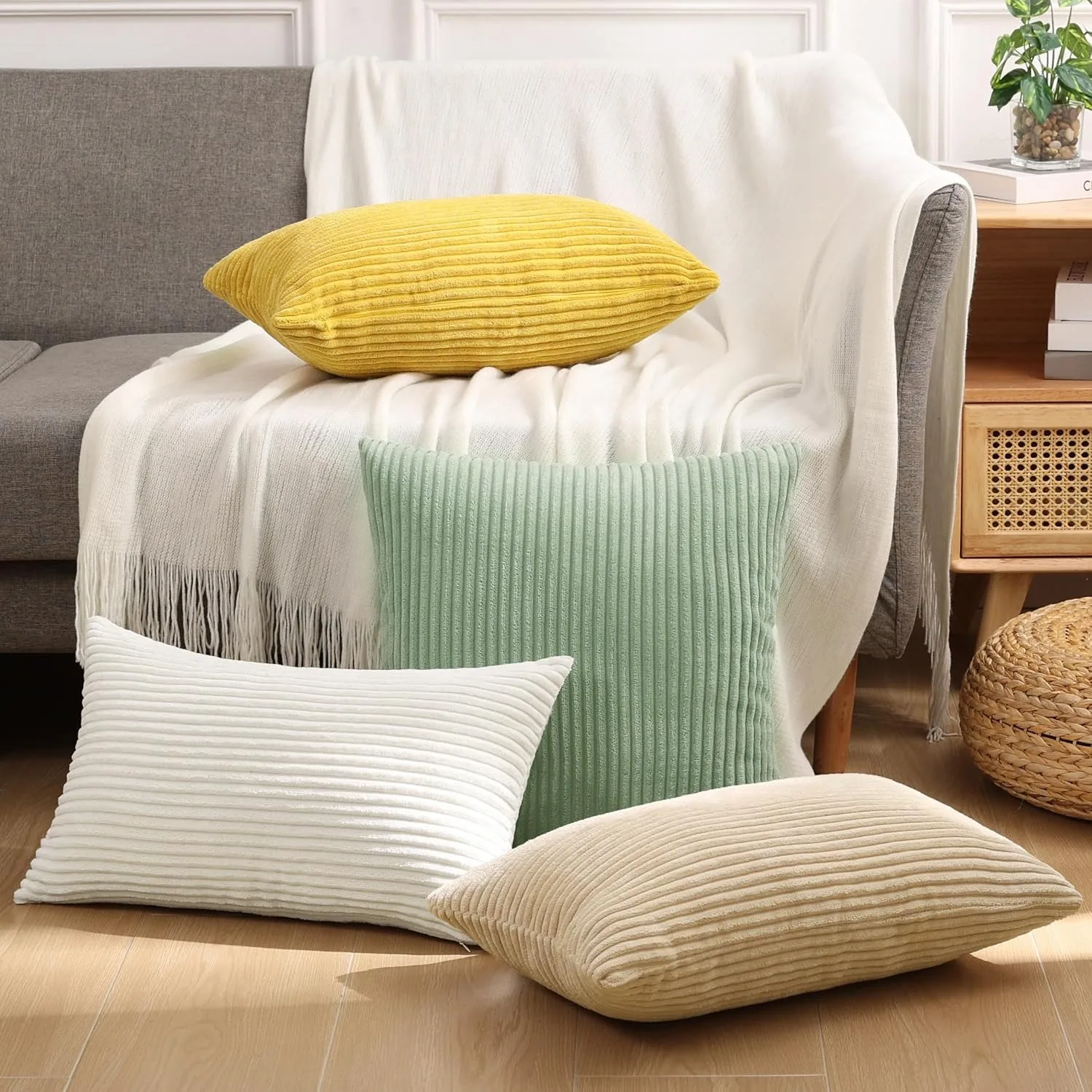 Sage Green Decorative Throw Pillow Covers 18x18 Inch Soft Corduroy Striped Square Cushion Cases Modern Farmhouse Boho Home Decor