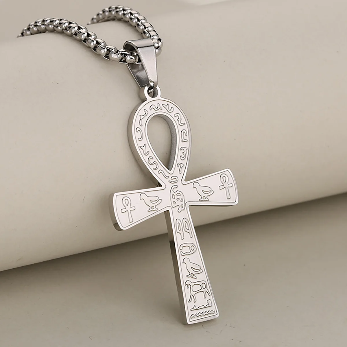 Modische ägyptische Ankh-Halskette für Herren, Edelstahl-Kreuzanhänger, Box-Kette, wasserdichter Gebetsschmuck für Damen, Accessoires – Detail 6