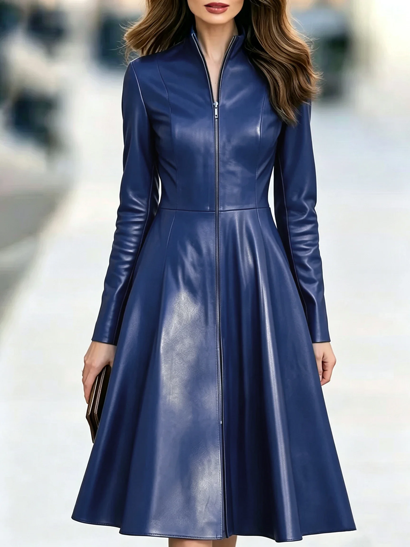 Women PU Leather Stand Collar Long Sleeve Midi Dress Retro Fitted Waist Flared Skirt Elegant Party Casual Outfit 4